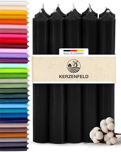 Stabkerzen Schwarz 10 Stück 180mm x 22mm Durchgefärbte Spitzkerzen 8+ Stunden Brenndauer Made in Germany - Ohne Tropfen & Rußen - Unparfümierte und RAL-Zertifizierte Tafelkerzen