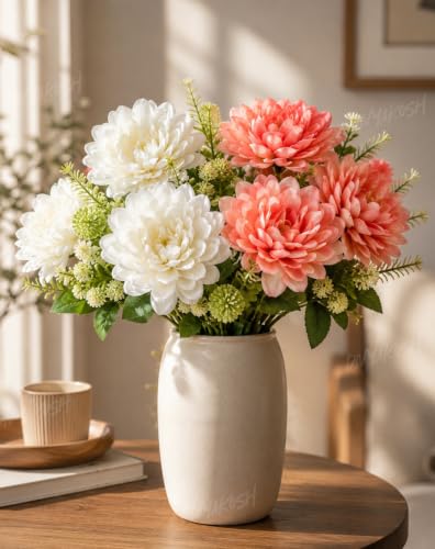 Image of Divyakosh Artificial Flower Bunch Set of 2 (Vase Not Included) | White + Coral Peach| 8 Large Flowers, 8 Filler Stems | 35 cm Decorative Artificial Flowers for Home, Living Room & Table Decor