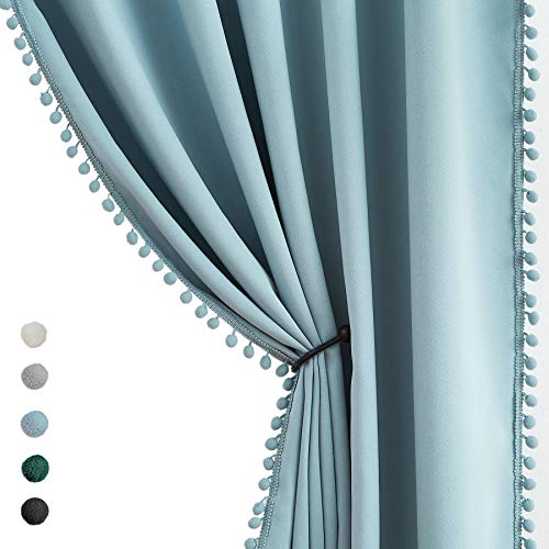 Image of Treatmentex 100% Blackout Curtain Blue Sliding Door Curtains Pom Pom Extra Wide Glass Door Curtains for Living Room Energy Efficient Thermal Patio Door Drapes Grommet Top 1pc 100x84 Light Blue