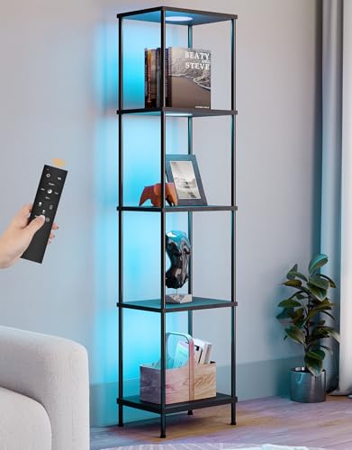 Display Shelf with RGBW Light, Color Changing Curio Cabinet Floor Lamp with Shelves Corner Standing Column Lamp Etagere Organizer Tower Nightstand Bookcase for Living Room Bedroom Office Décor Black