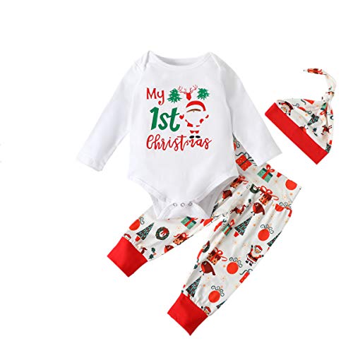 3Pcs Newborn Baby Girl Boy Clothes My First Christmas Ruffle Romper + Santa Pants + Hat Fall Winter Outfit Set (White Gift,12-18 Months)