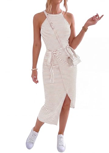 Image of NOLLSOM Women Casual Sleeveless Striped Tank Midi Dresses Halter Neck Ruched Bodycon Dresses Tie Waist T Shirt Summer Dress