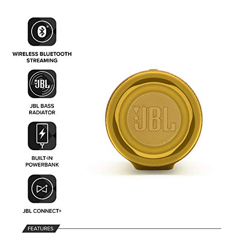 Image of JBL Charge 4, Wireless Portable Bluetooth Speaker, Signature Sound with Powerful Bass Radiator, 7500mAh Built-in Powerbank, Connect+, IPX7 Waterproof, AUX & Type C (Without Mic, Yellow)