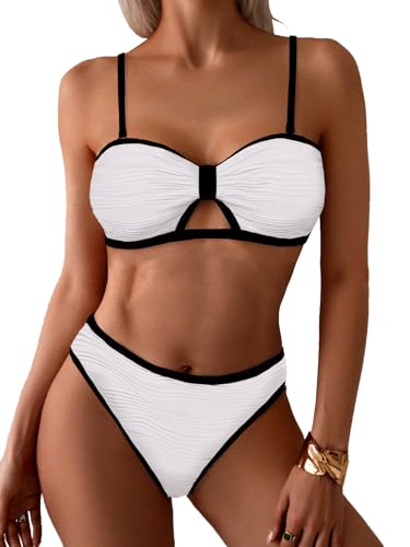 seamoly 2 in 1 Convertible Bikini Sets Ribbed Color Block Bandeau Swimsuit Cutout Ring Sexy 2 Piece Bathing Suit