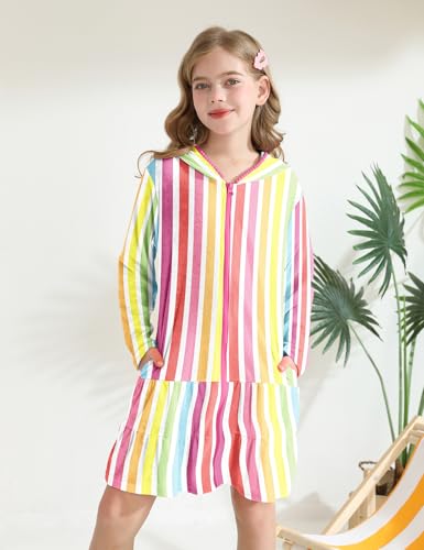 Image of Girls Swim Cover Up Kids Long Sleeve Swimsuit Coverup Terry Beach Pool Clothes with Sunglasses