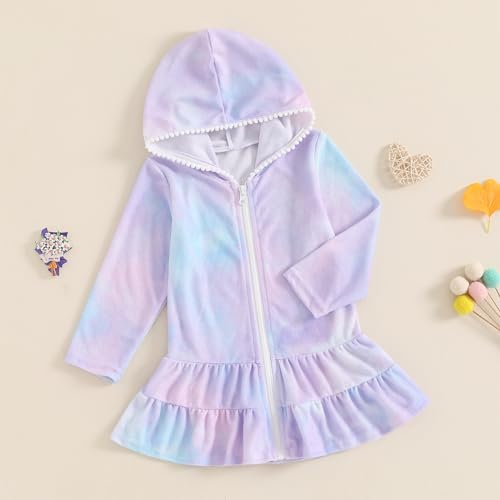 Kids Girl Swim Cover Up Hooded Zip-Up Tie Dye Terry Swimsuit Cover-ups Beach Robe Dress Bathrobe Towel Bathing Suit2