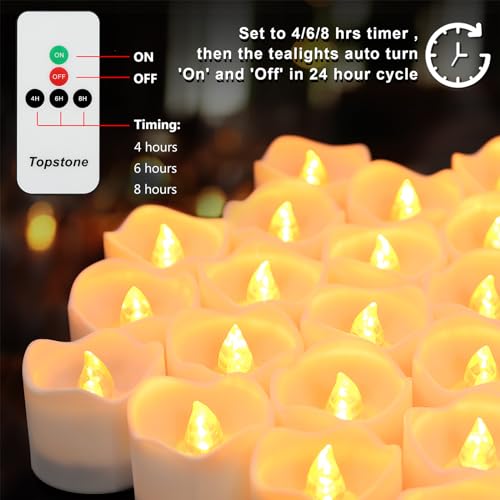 Image of Topstone Flickering Flameless Fake LED Tea Lights with Dual Remotes, Dimmable Steady & Flicker Modes, 12 Pack Bulk Battery Operated Candles for Christmas Halloween Holiday Decor