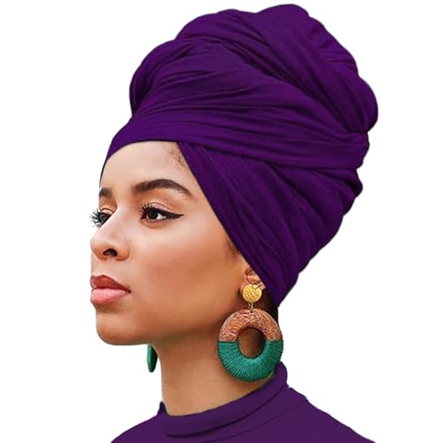 XTREND 1 Piece Head Wrap for Women Stretch Jersey Turban African Fashion Headband Solid Color Soft Extra Long Hair Scarf Caps Bohemian Soft Breathable Turbans Tie (Dark Purple)