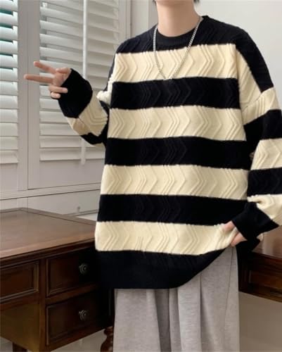 Men's Striped Knit O-Neck Sweater Pullover Loose Fit Streetwear Style Fashion Warm Winter Knitwear Top3