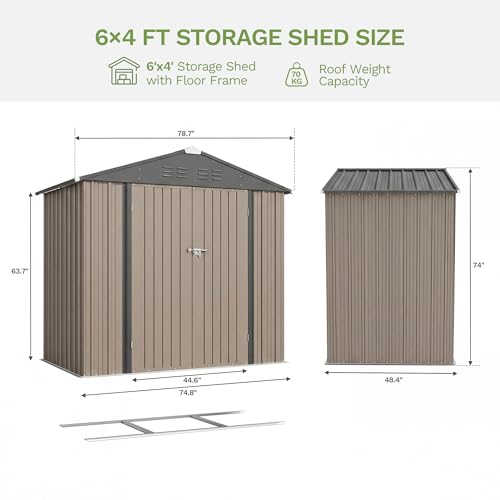 Image of Devoko 6 x 4 FT Metal Storage Sheds with Floor Frame, Waterproof Garden Tool Shed with Lockable Door, Outdoor Utility Shed for Backyard Patio Lawn, Brown
