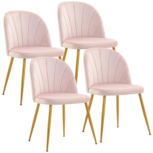 Newnno Velvet Dining Chairs Set of 4 Upholstered Mid Century Modern Dining Chairs Armless Accent Chair with Metal Gold Legs for Living Room Kitchen Dining Room Pink