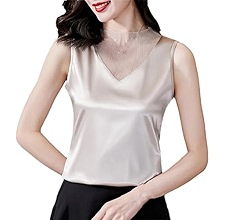 Womensummer Satin Tank Top Half High Collar Short Silk
