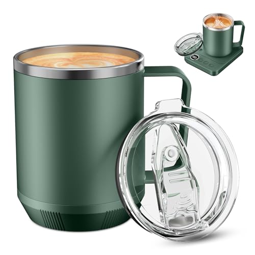 Image of Felibeaco 16oz Heated Coffee Mug with Flat Bottom for Rapid Heating, Stainless Steel Heated Coffee Cup Suitable for Different Coffee Mug Warmer /Heaters, Heated Mug /Cup for Home and Office Desk,Green