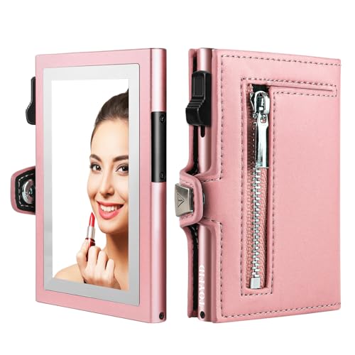 Women Wallet with Card Holder, Small Pretty Wallet with Mirror for Women,Pop Up Card Holder Wallet, Tri-fold Genuine Leather Wallet Women with Mirror, Compact Wallet for Traveling (Pink)