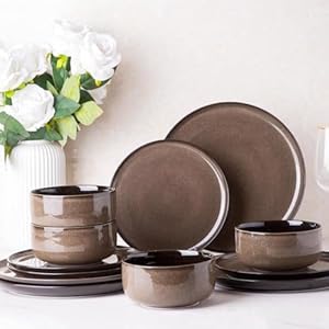 Ceramic Dinnerware Set of 4, Poreclain Plates, Bowls, Handmade Reactive Glaze Dishes, Chip Resistant, Oven & Dishwasher Safe, Service for 4-Chestnut