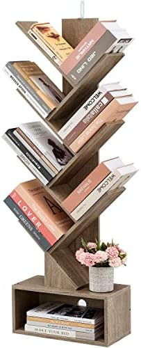 Hoctieon 6 Tier Tree Bookshelf, 6 Shelf Bookcase with Drawer, Modern Book Storage, Utility Organizer Shelves for Home Office, Living Room, Bedroom, Greige