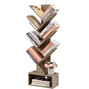 Hoctieon 6 Tier Tree Bookshelf, Tall Bookcase with Drawer, Freestanding Book Shelf, Display Floor Standing Storage Shelf, Book Organizer Shelves for Home Office, Living Room, Bedroom, Greige