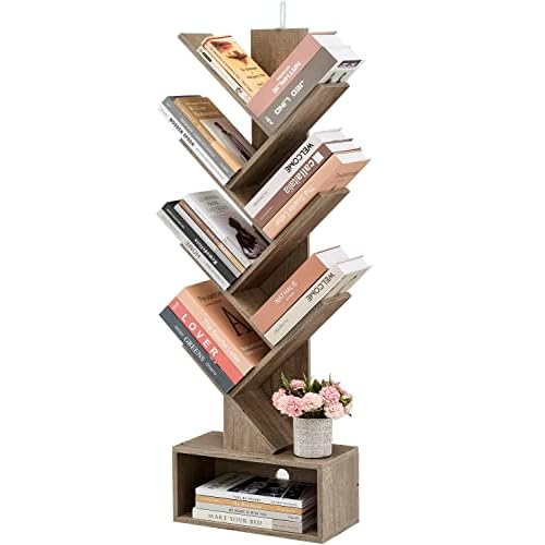 Hoctieon 6 Tier Tree Bookshelf, Tall Bookcase with Drawer, Freestanding Book Shelf, Display Floor Standing Storage Shelf, Book Organizer Shelves for Home Office, Living Room, Bedroom, Greige