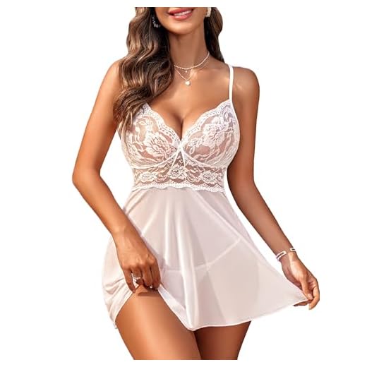 Avidlove Lencería para Mujer Encaje Babydoll con Tirantes Chemise Halter Teddy Escote en V Ropa de Dormir Blanco S