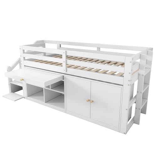 Kinderbett 90x200 Einzelbett, Hochbett mit Stauschrank, Schreibtisch und Treppe, Regal & Schubladen & Schließfach, Holzbett Stauraumbett Funktionsbett Jugendhochbett mit Lattenrost,Ohne Matratze,Weiß