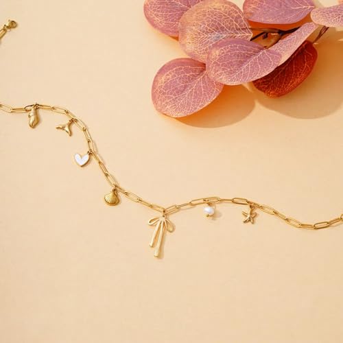 Charm Necklace for Women 14K Gold Plated Shell Cowgirl Boot Horseshoe Bow Heart Pendant Necklace Beach Western Jewelry3