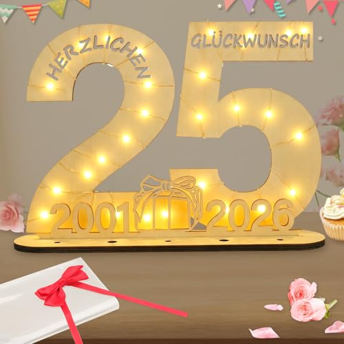 Seutgjie Originelle Geschenk 25 Geburtstag Frau Mann 2001-2026 25 Jubiläum Silberhochzeit Deko Holzschild 25 Geburtstag Deko Geldgeschenke Geburtstag 25 mit LED Lichterkette Geschenkpapier