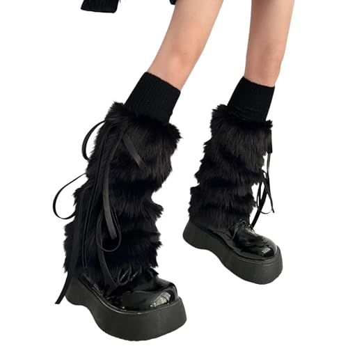 Baynoyia Womens Y2K Fuzzy Leg Warmers Faux Fur Fluffy Leg Warmers Bow Tie Boot Cuffs Covers Santa Costume (Bow Black One Size)