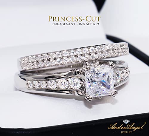 AndreAngel Engagement Ring Set for Women 2 pcs, Princess Cut 0.75 Carat, Solid Sterling Silver 925, 50 Cubic Zirconia Stones High Grade AAAAA+4