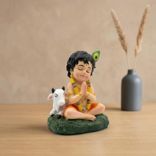 Image of Bal Gopal Krishna Statue with Holy Cow - Small Resin Krishna Idol for Puja Room, Living Room Decoration Items, Janmashtami Gift & Home Inauguration Return Gifts