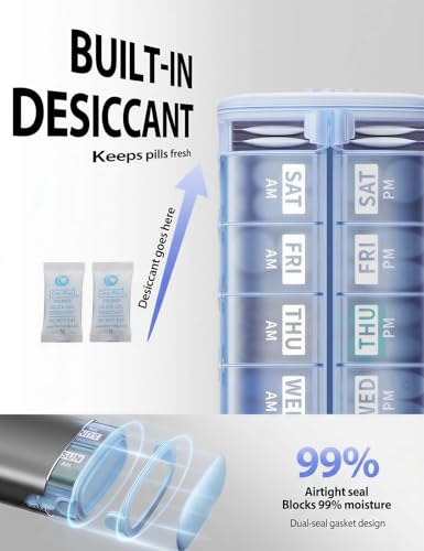 Image of Vaydeer Metal 7 Day Pill Organizer 2 Times a Day - AM PM Weekly Travel Pill Case with Moisture-Proof Desiccant, Airtight Large Capacity Pill Box for Vitamins, Medications & Supplements (Gray)