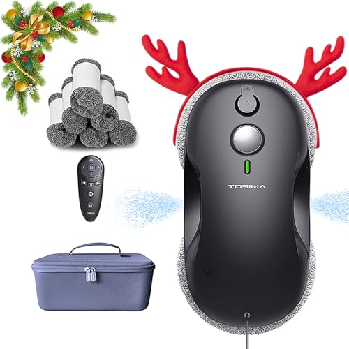 Tosima Robot Limpiacristales, Robot Limpieza de Ventanas Electrico, Sistema de Seguridad, Navegación Inteligente, Control Remoto, para Todas Las Superficies Lisas, con 12 Trapo (W3, Updated Black)