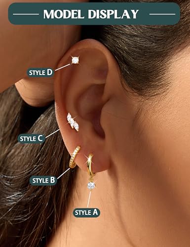 Florideco 925 Sterling Silver Earrings for Women Trendy Hypoallergenic Small Gold Hoop Earrings 14K Gold Plated Stud Earring Sets for Multiple Piercing CZ Ear Cuff Cartilage Earring Stacks4