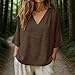 Cotton Linen Tops for Women Summer Loose Casual Gauze Shirt Fashion Ruffle 3/4 Bell Sleeve V Neck Beach Vacation Blouse Brown