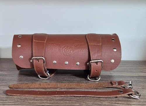 Bolsa frontal para horquilla y guardabarros para motocicletas y bicicletas en cuero de búfalo marrón con correas de cuero real miniatura 2