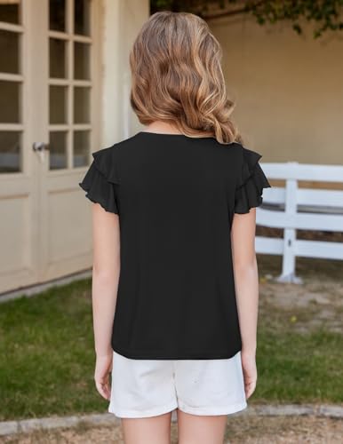 Image of Arshiner Girls T Shirts Ruffle Short Sleeve Summer Pleated Crewneck Casual Tops Tees Blouses