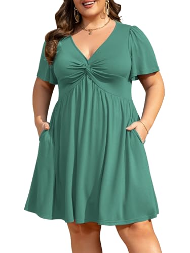 Image of Manllenshie Womens Plus Size Summer Dress Casual Short Sleeves Deep V Neck Twist Knot Front Flowy Dress with Pockets
