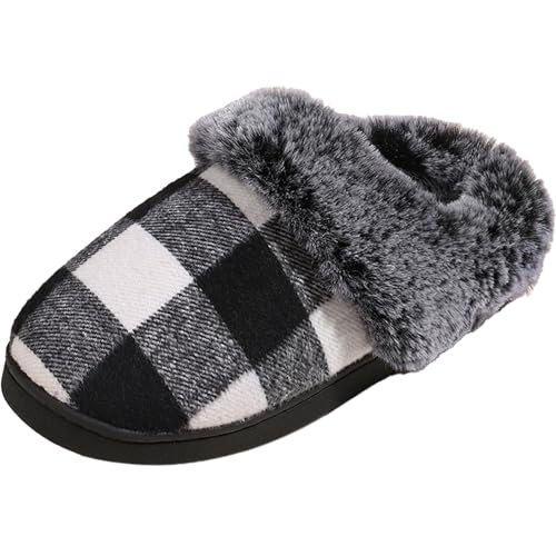 Afellicy Womens Memory Foam Slippers Warm Checkered House Shoes Indoor and Outdoor Lining Bedroom Fuzzy Slipper Comfy Shoe