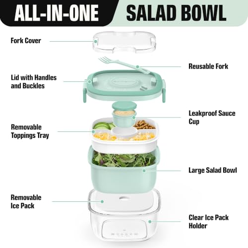 Image of Salad Container with Ice Pack & Handle, 6.8 Cup / 1600ml Large Portable Salad Bowl Lunch Box with Lid, Fork Holder & Sauce Cup, 4-Compartment Removable Tray Meal Prep Bento Box, Green