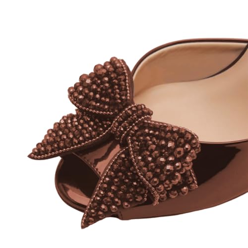 FSJ Women Luxury Crystal Chunky Heeled Mules Rhinestone Bow Peep Toe Slip On Backless Gem Slide Sandals Summer Slipper Shoes Size 4-15 US4