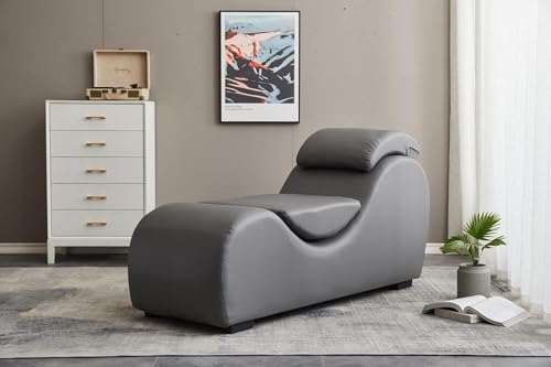 Image of SOUL CRAFT Sheesham Wood Leatherate Tantric Loung Chair, Yoga Chaise Lounge, Modern Relaxing Chair with Cushion, Grey