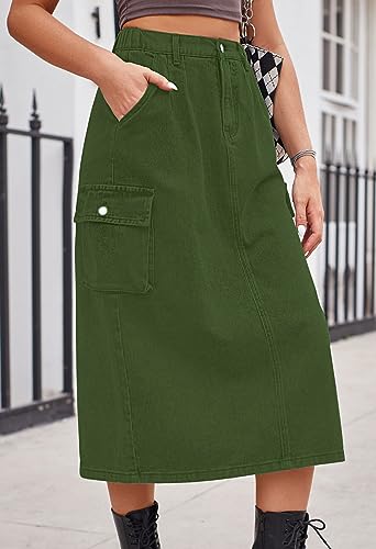 CHARTOU Women Casual High Waisted Denim Skirt Midi Jean Skirt Elastic Back A Line Skirt with Pockets2