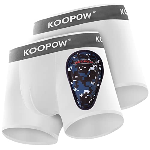 KOOPOW Embalagem de 2 cuecas de compressão para crianças com copa atlética protetora suave, roupa interior Peewee juvenil para beisebol, futebol, Camuflagem branca (embalagem de 2)