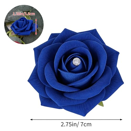 Image of 100Pcs Real Looking Royal Blue with Diamonds Artificial Rose Flower Heads, Foam Fake Roses for DIY Wedding Decorations Baby Shower Centerpieces Home Party Valentine's Day Mother's Day Decor