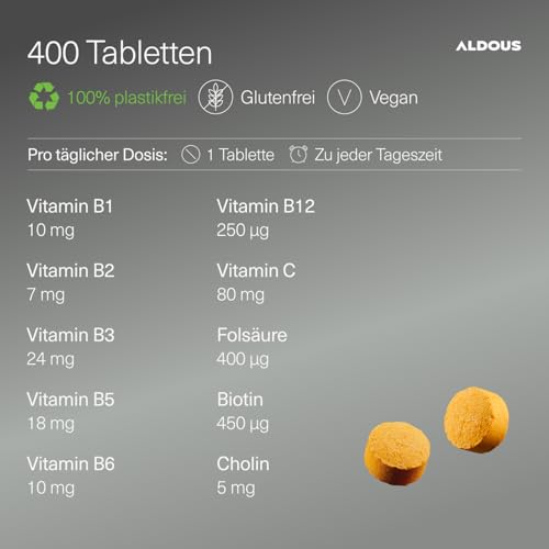 Vitamin B Komplex mit Vitamin C - 400 Tabletten (+12 Monate) - B Vitamine + B12, B1, B2, B3, B5, B6, Folsäure, Biotin, Cholin - Vegan, Hochdosiert - ALDOUS
