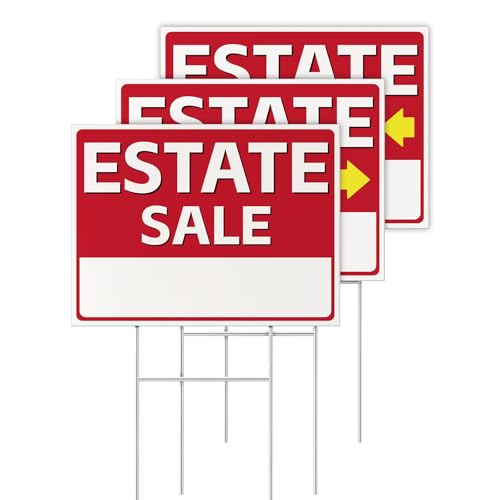3 Pack Estate Sale Signs with H-Stakes 17 x 13 Large Double Sided Yard Sign Weatherproof Corrugated Plastic Sign Easy to Install for Property Liquidation Moving Sale & Community Events (Red)