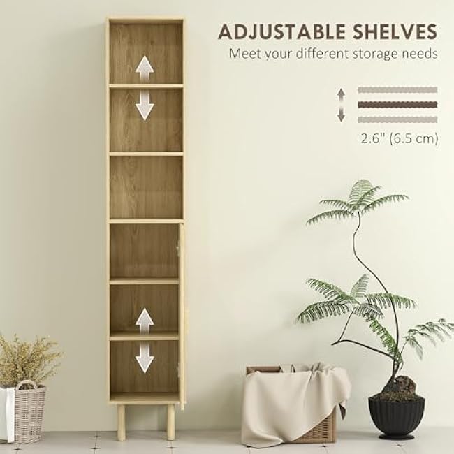 HOMCOM 3-Piece Bathroom Storage Cabinet Set, Boho Bathroom Cabinets with Rattan Doors, Adjustable Shelves, Open Shelves and Drawer for Small Space, Distressed Oak