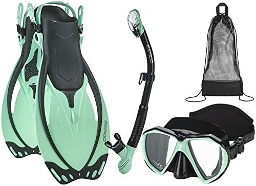 Phantom Aquatics Rapido Boutique Collection Tempered Glass Panoramic View Snorkel Mask, Dry Top Snorkel, Snorkeling Fin Set with Swim Beach Bag (Marine Mint, ML/XL, 9-11 / EU: 41-45)