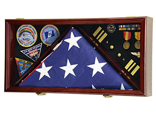 Large Flag & Medals Military Pins Patches Insignia Holds up to 5x9 Flag Display Case Frame Cabinet Shadowbox (Cherry Finish)