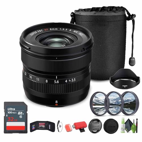 FUJIFILM XF 8mm f/3.5 R WR Lens Bundle with 32GB Memory Card + 62mm 3 Piece High Resolution Filter Kit + Lens Cap Keeper + Memory Card Wallet + More