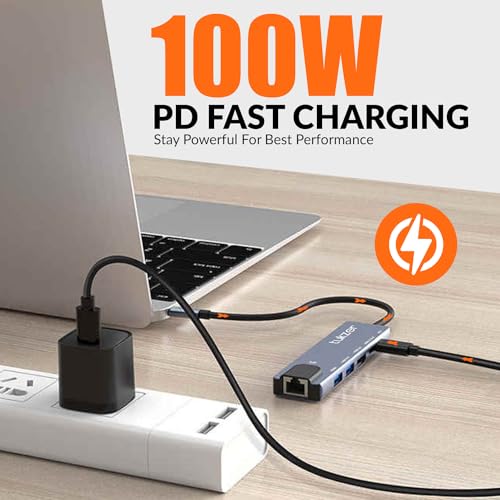 Image of Tukzer 6-in-1 Type-C Hub to HDMI 4K@30Hz, 2 USB 3.0 Data, USB-C 3.0 Data, 100W PD with 1000M Ethernet RJ45, MultiPort Adapter Compatible with MacBook Pro Air iPad, Dell, Other Type-C Device